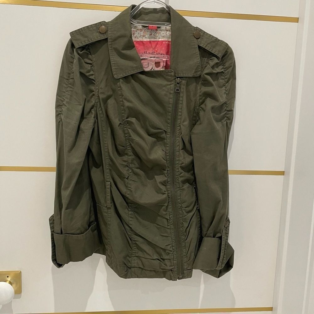 Green Utility Jacket Lightweight Ruched‎ Zip Front Small - Picture 4 of 11